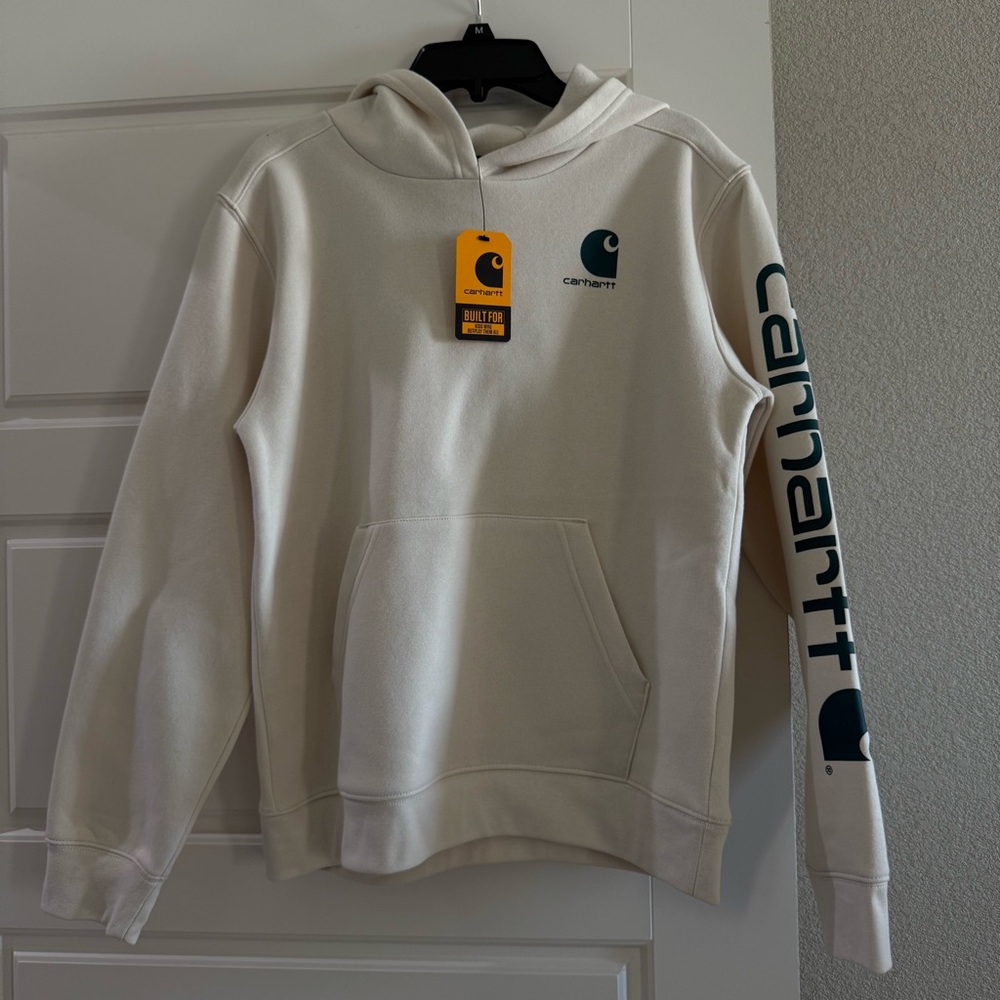 NWT Youth Carhartt lightbeige pullover Hoodie  with spelled out Logo size 12 / L
